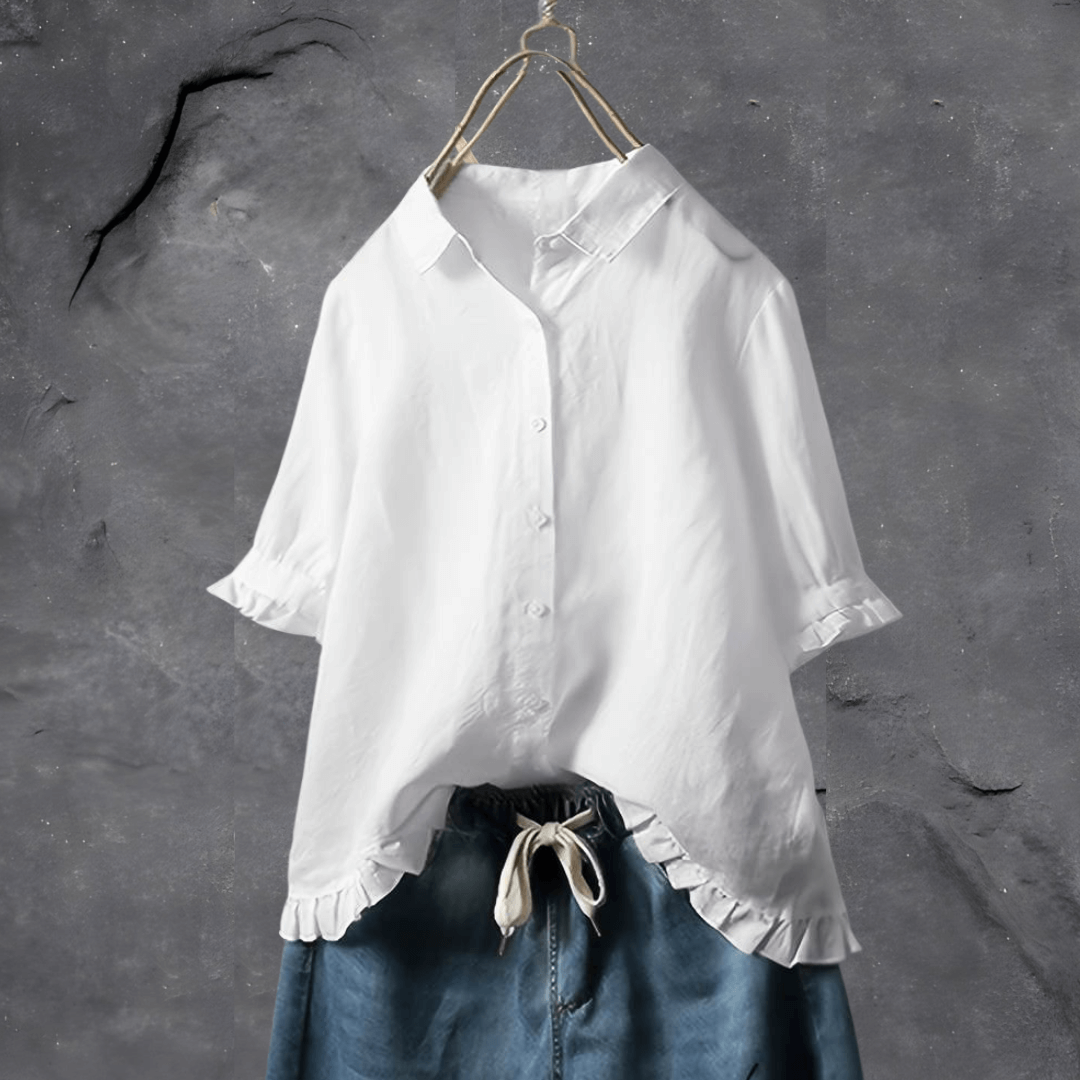 Ruffled Hem Button-Up Blouse | White | Cotton | Elegant and Chic