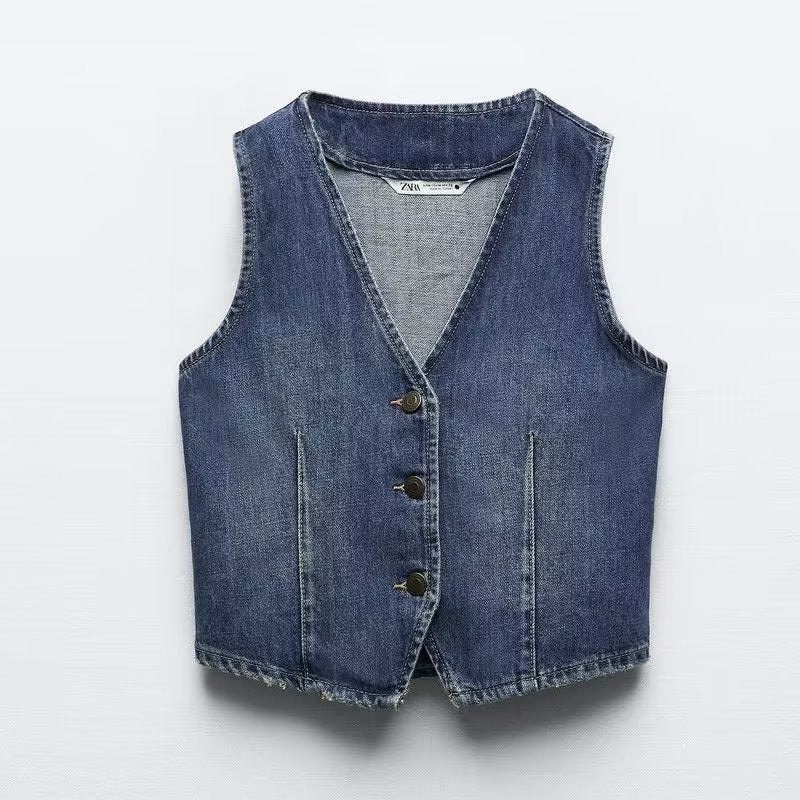 Denim Chic Button-Up Vest | Blue | Casual Streetwear | Durable Denim