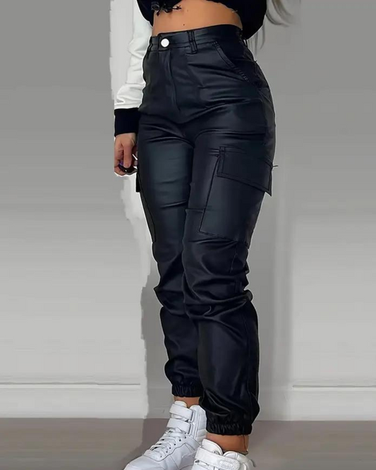 High-Waist Cargo Pants | Black | Leather | Edgy and Stylish