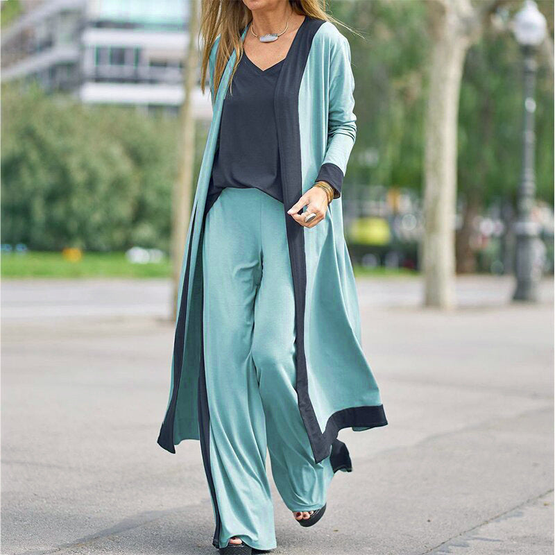 Elegant Color-Block Long Cardigan Set | Multicolor | Modern Sophistication | Polyester Blend