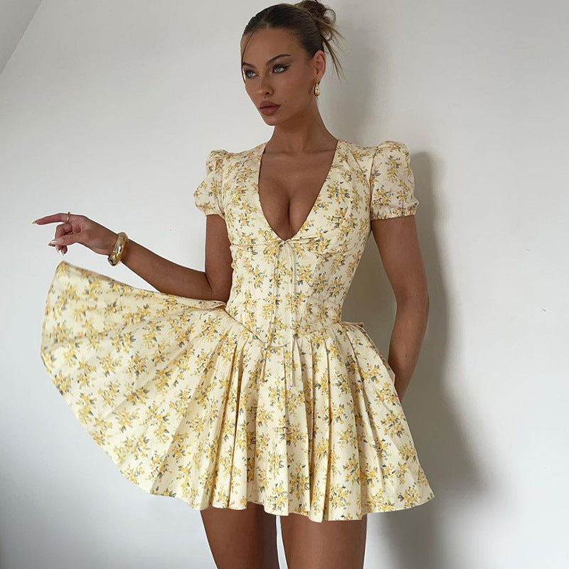 Isabelle | Yellow Floral | Puff Sleeve Mini Dress | Cotton Blend