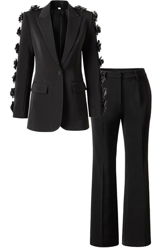 3D Floral Blazer Suit Set | Black | Formal | Polyester