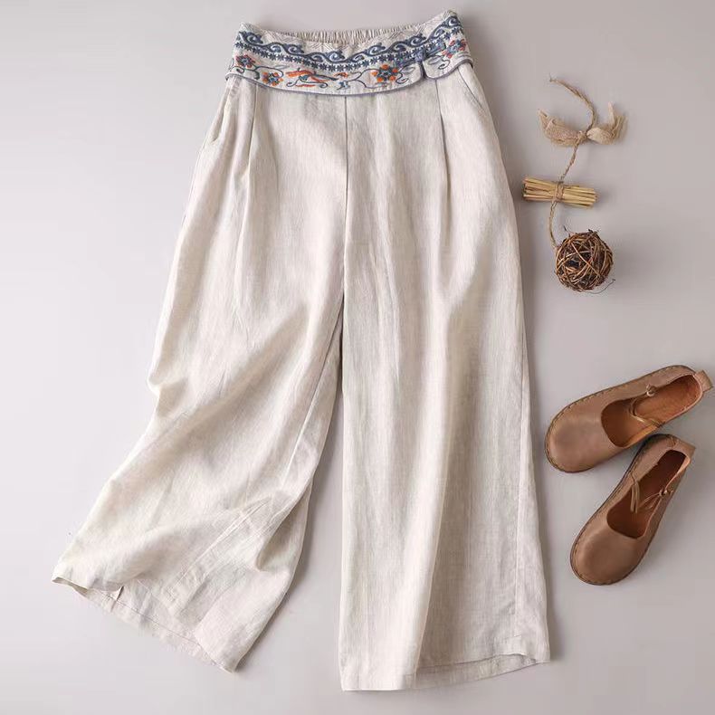 Embroidered Waist Wide-Leg Pants | Multicolor | Boho Casual | Cotton-Linen Blend