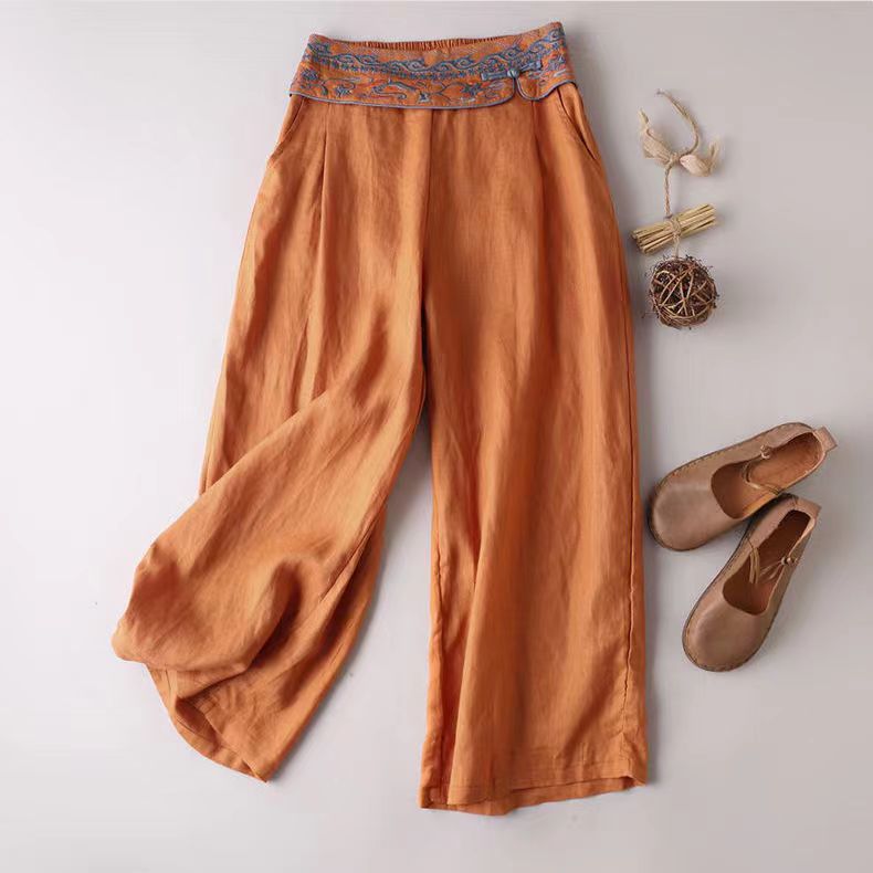 Embroidered Waist Wide-Leg Pants | Multicolor | Boho Casual | Cotton-Linen Blend