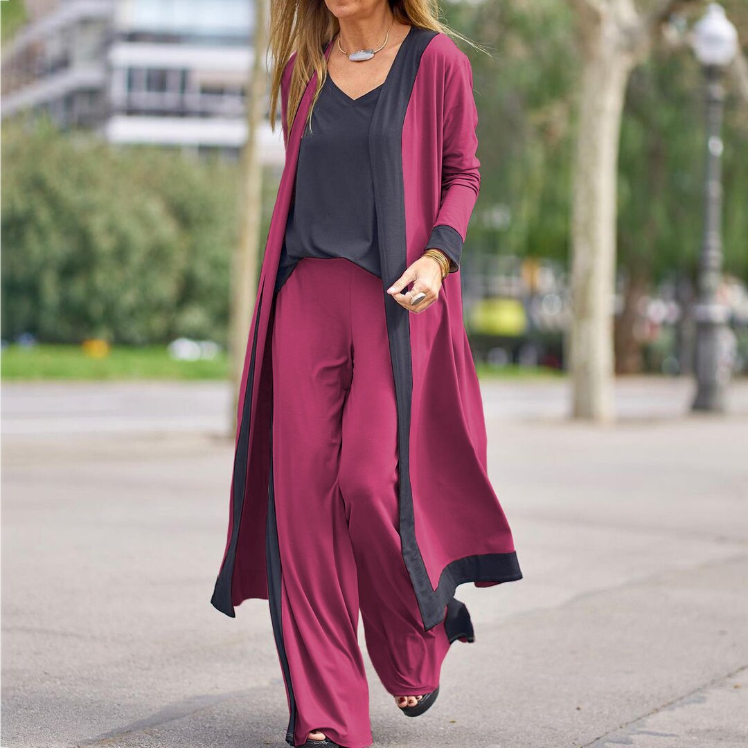 Elegant Color-Block Long Cardigan Set | Multicolor | Modern Sophistication | Polyester Blend