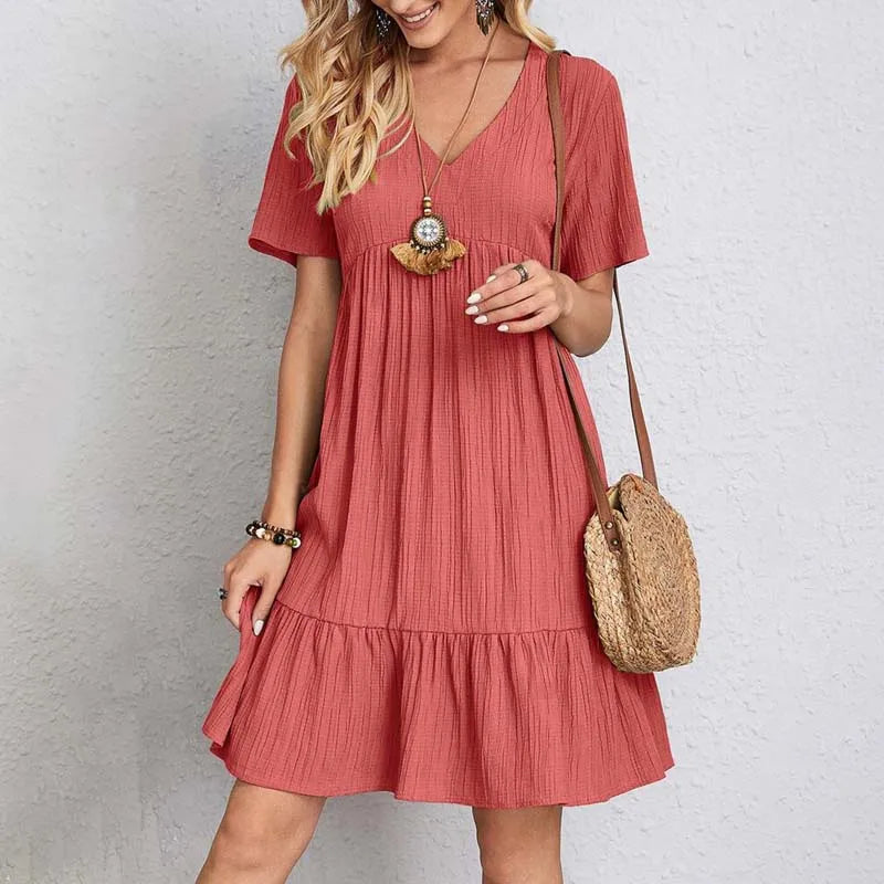 Short Sleeve V-Neck Summer Dress - Blue - Cotton - Light and Breezy