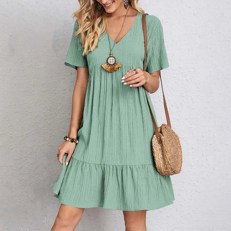 Short Sleeve V-Neck Summer Dress - Blue - Cotton - Light and Breezy