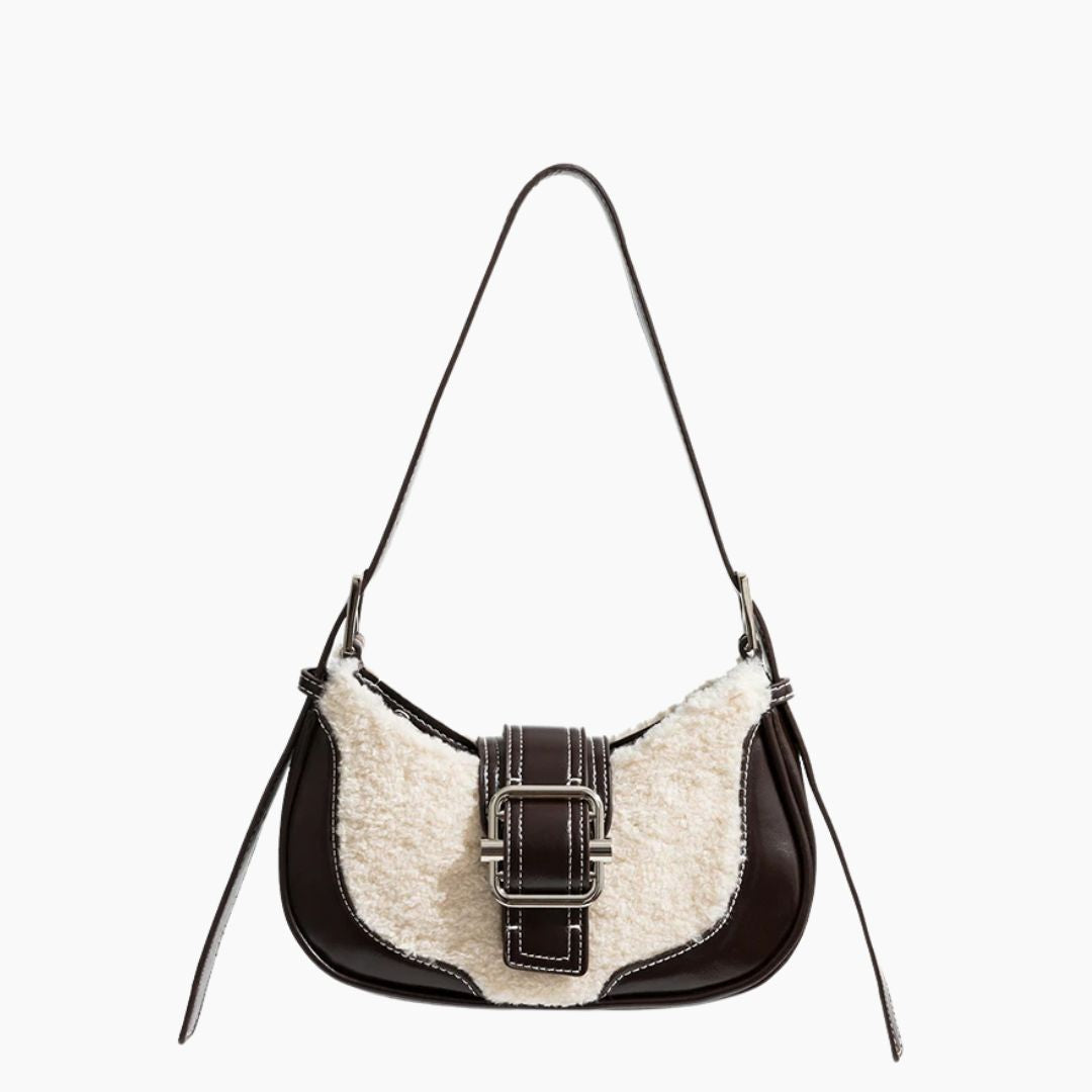 Chic Buckle-Accent Shoulder Bag | Leather and Sherpa | Buckle-Detail Pattern