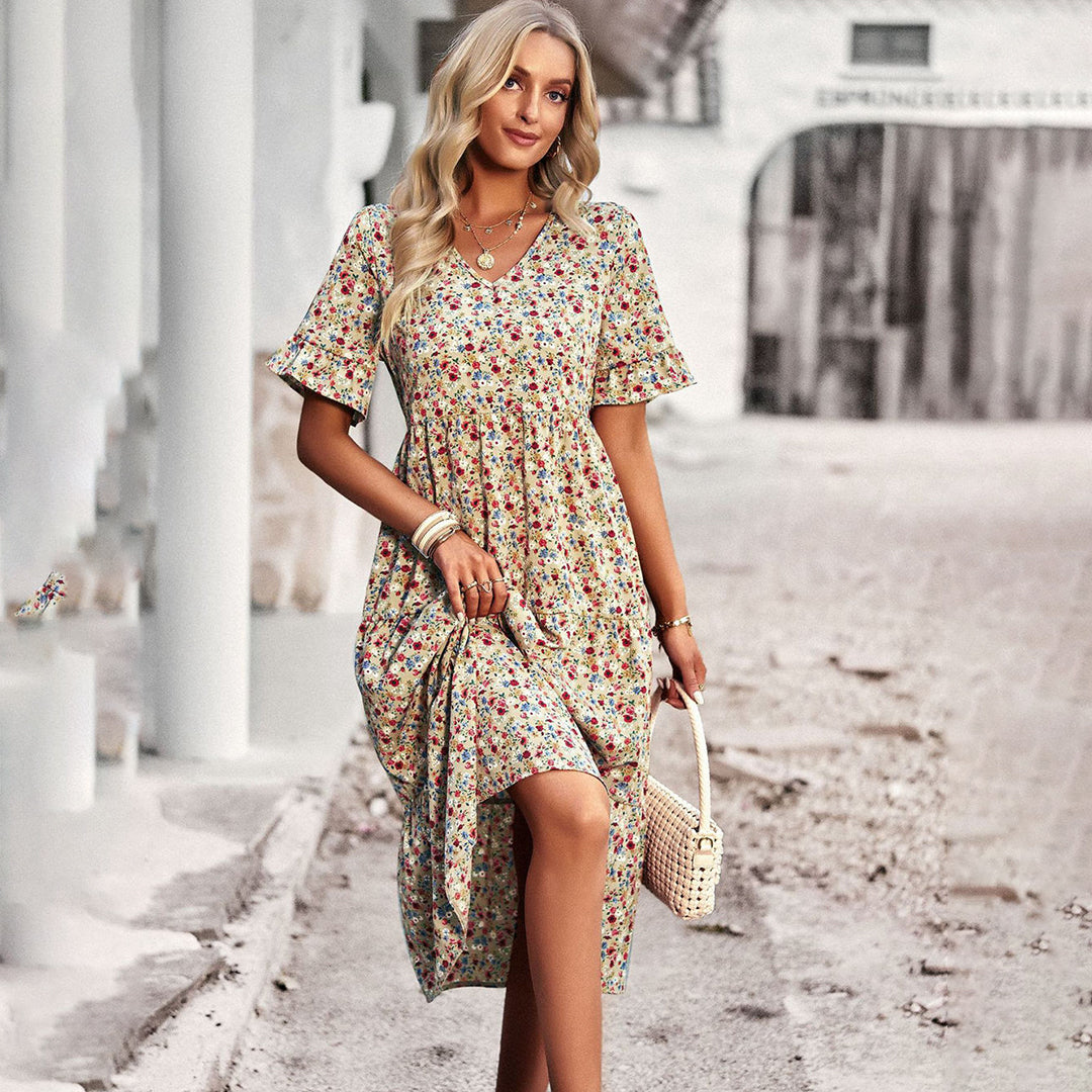 Boho Floral Midi Dress | Apricot | Lightweight Cotton | Perfect for Summer