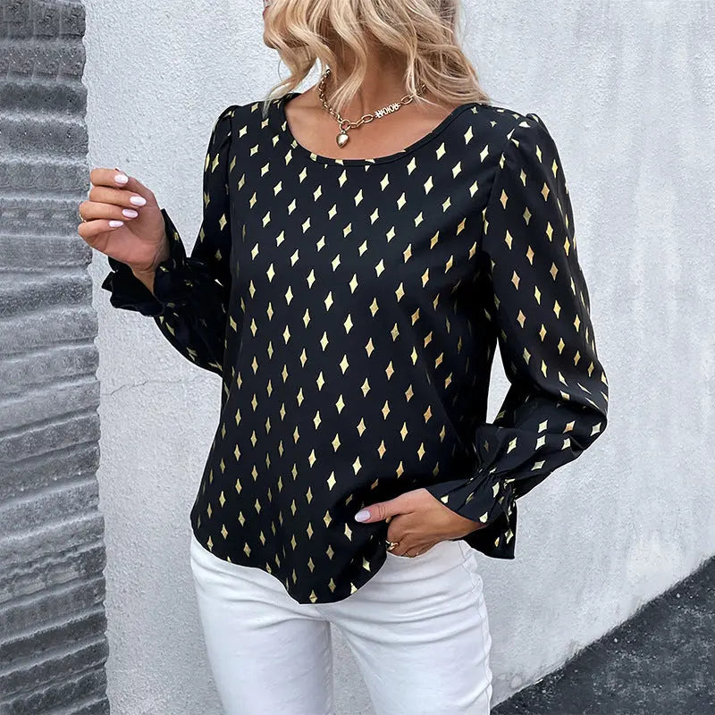 Elegant Black Gilded Long-Sleeve Blouse | Black | Evening | Stylish