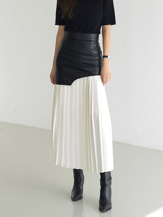 Edgy Two-Tone Pleated Skirt | Multicolor | Contemporary | Faux Leather and Chiffon