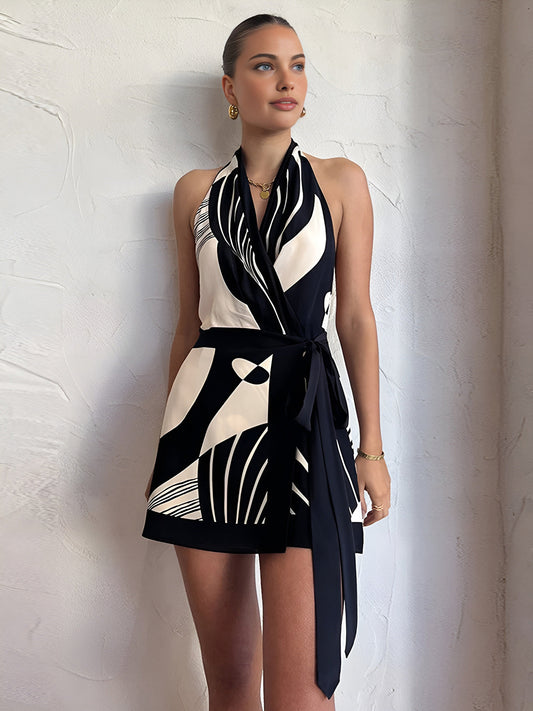 Abstract Halter Wrap Dress | Multicolor | Modern Elegance | Satin Blend