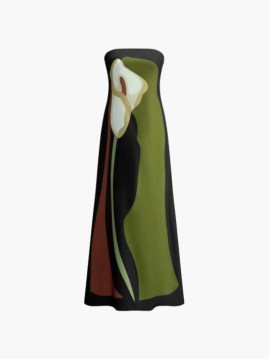 Abstract Elegance Strapless Maxi Dress | Multicolor | Evening | Satin