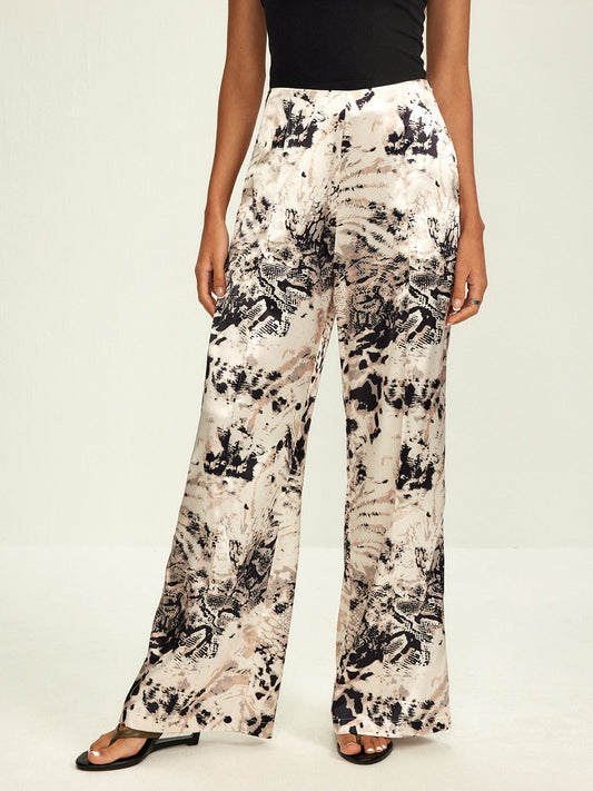 Abstract Print Wide-Leg Trousers | Brown | Casual Chic | Satin Finish