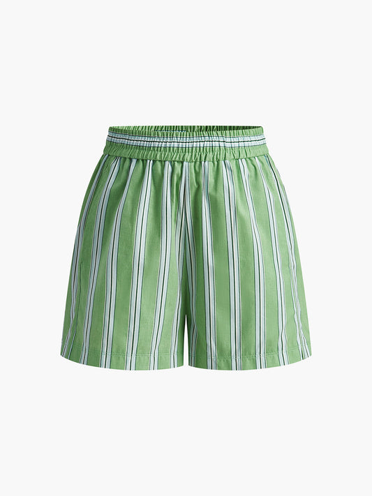 Striped Elastic Waist Shorts | Green | Casual Wear | Cotton