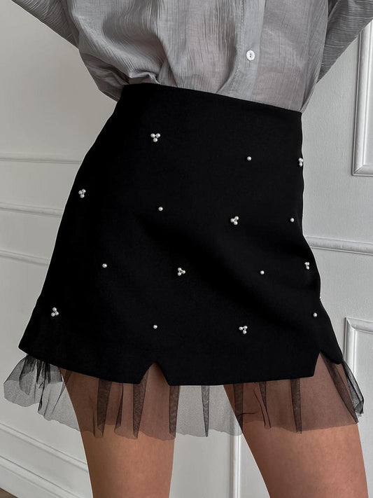 Embellished Tulle Hem Mini Skirt | Black | Evening Wear | Crepe Fabric