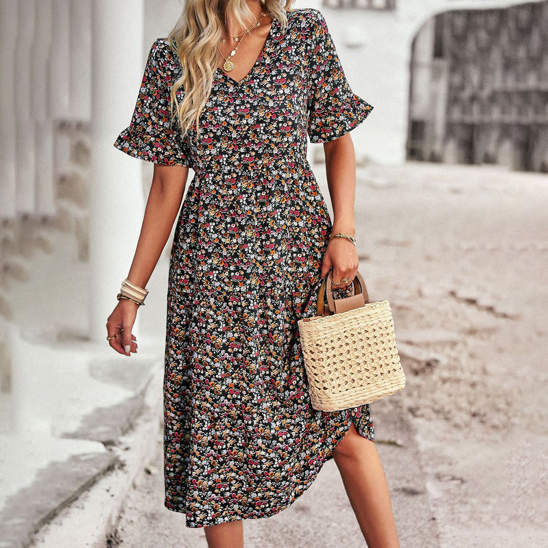 Boho Floral Midi Dress | Apricot | Lightweight Cotton | Perfect for Summer