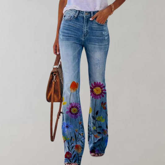 Floral Embroidered Flare Jeans | Blue | Denim | Perfect for Casual Outings