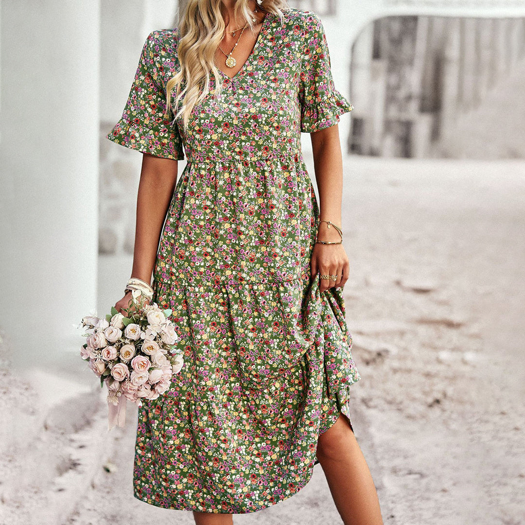 Boho Floral Midi Dress | Apricot | Lightweight Cotton | Perfect for Summer