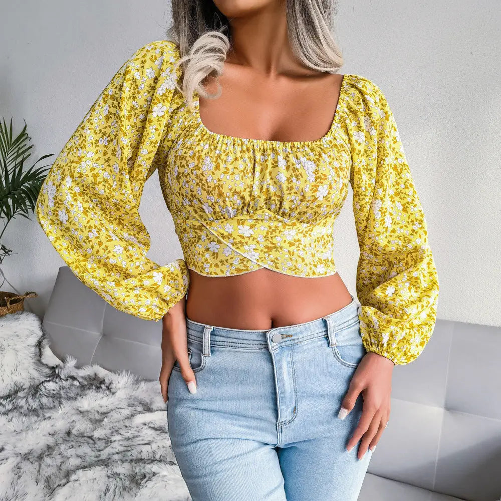 Golden Blossom Cropped Floral Blouse | Multicolor | Weekend Getaway | Lightweight Chiffon