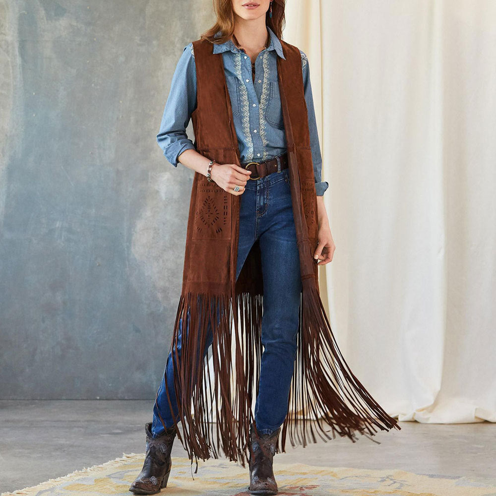 Western Fringe Long Vest | Multicolor | Boho | Faux Suede