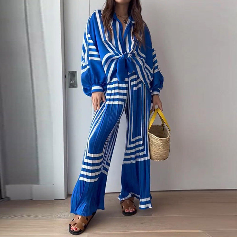 Striped Button-Up Blouse & Wide-Leg Pants Set | Blue | Resort Chic | Lightweight Silk Blend