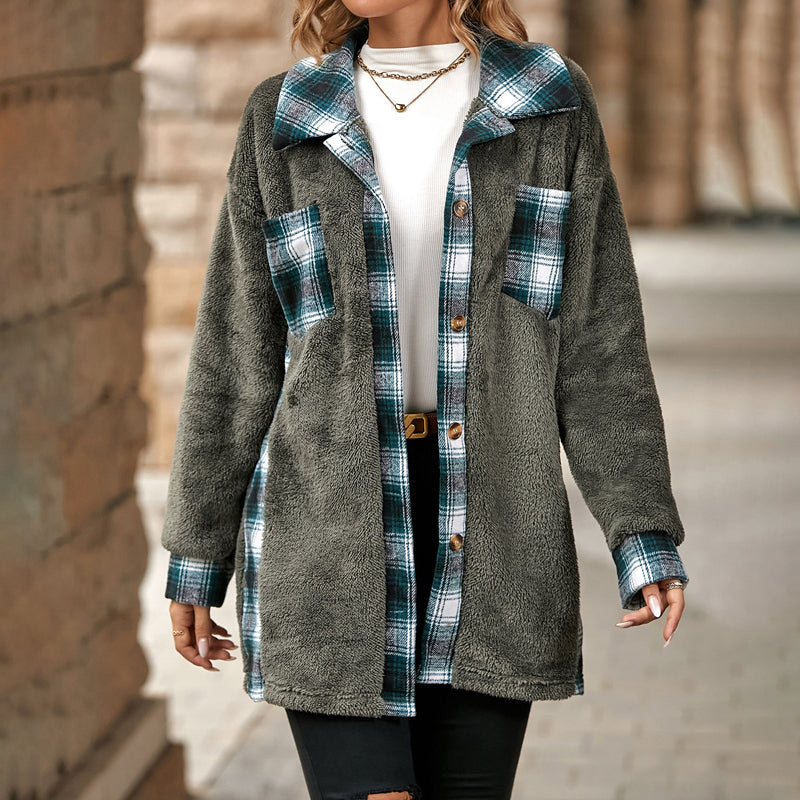 Plaid Patch Sherpa Jacket | Cozy & Stylish | Button-Down Design