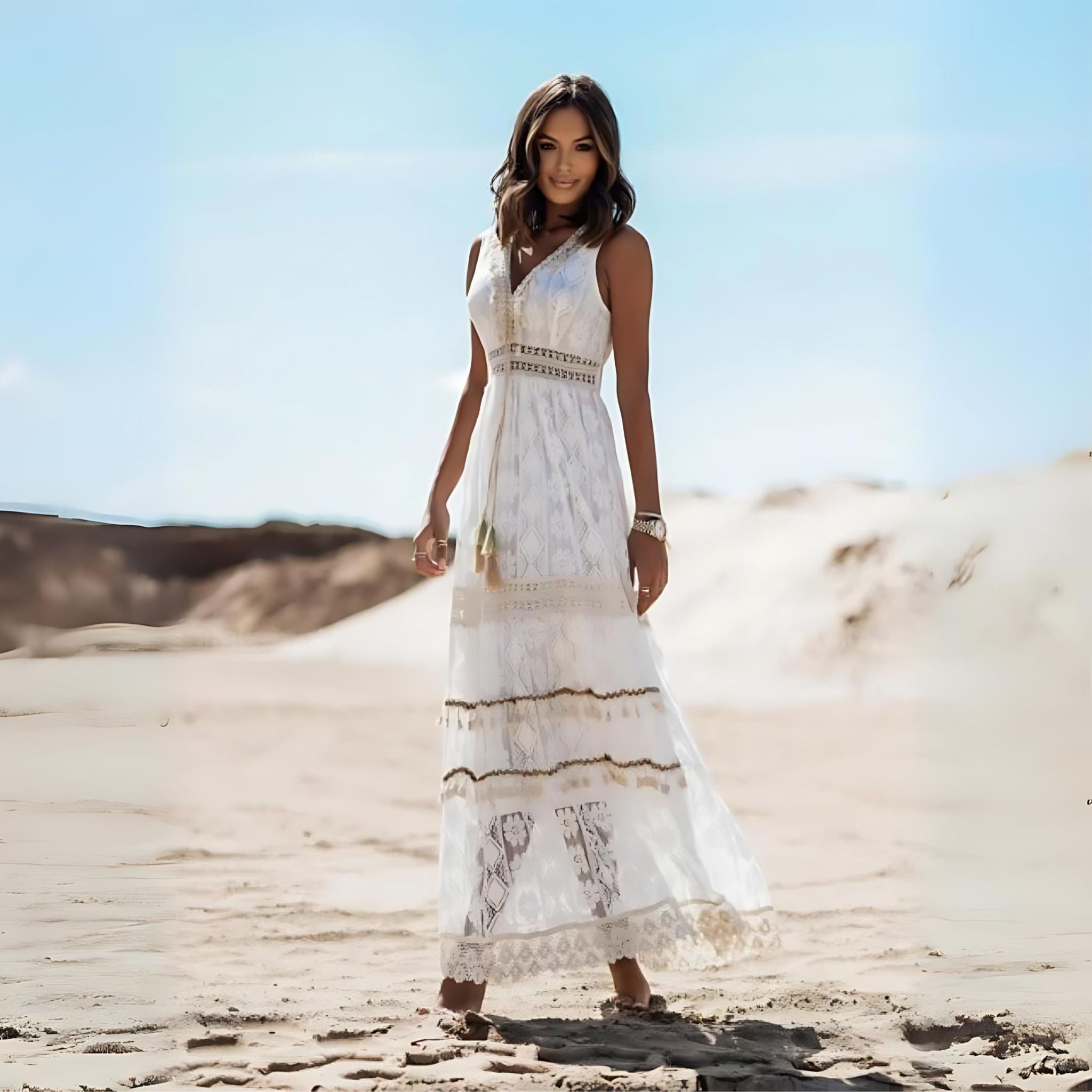 Camilla | Beige | Boho Lace Maxi Dress | Cotton Blend