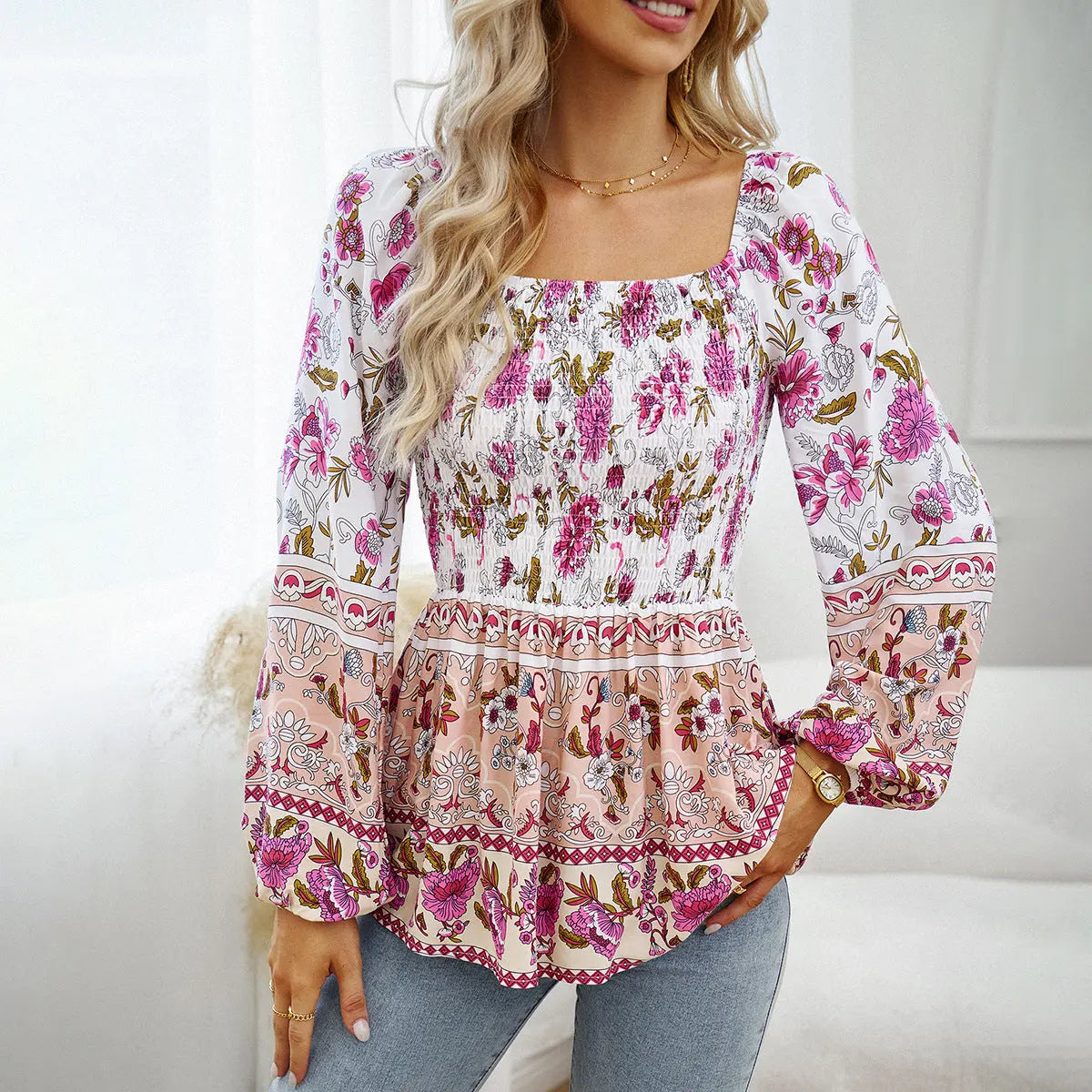 Boho Bloom Smocked Blouse | Multicolor | Casual | Polyester