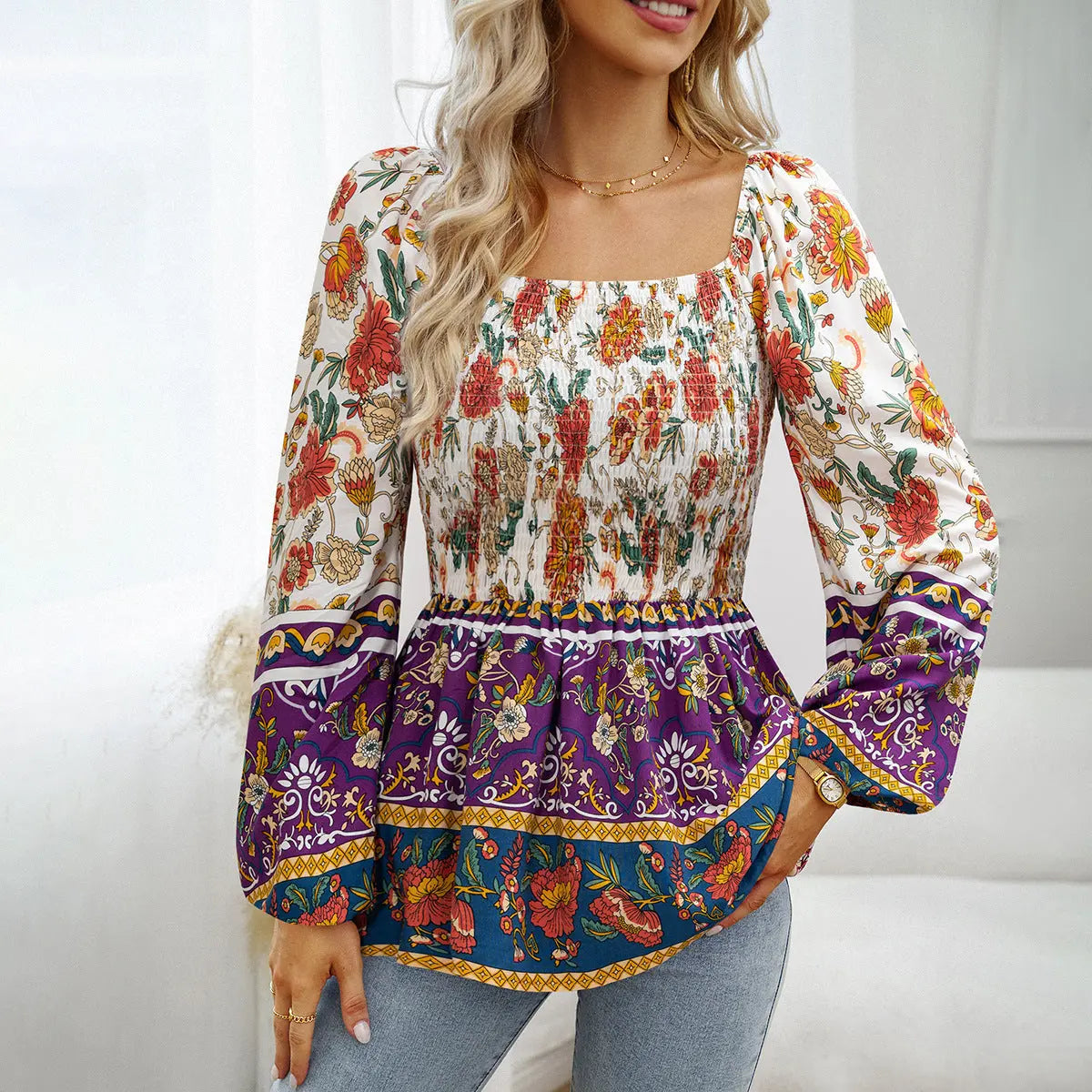 Boho Bloom Smocked Blouse | Multicolor | Casual | Polyester