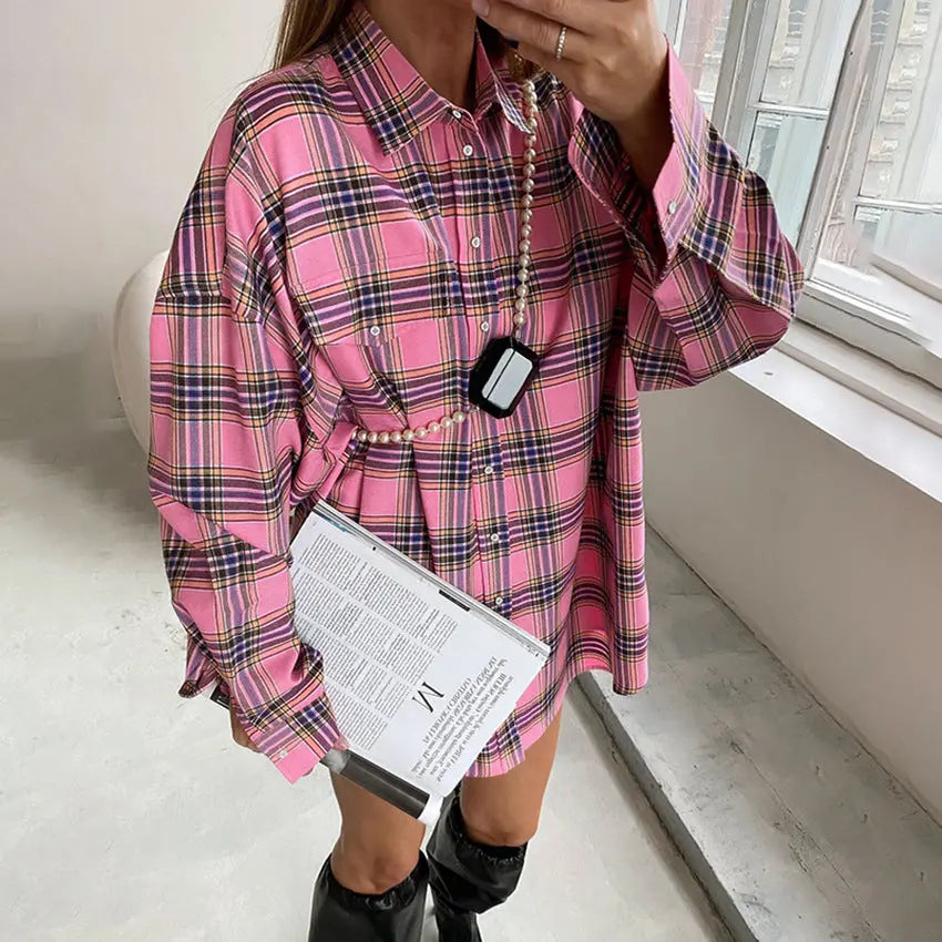 Retro Charm Oversized Plaid Shirt | Pink | Casual Streetwear | Cozy Cotton Blend