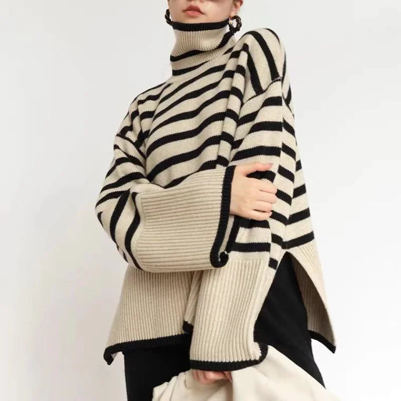 Striped Turtleneck Sweater | Black and White | Wool | Warm and Stylish