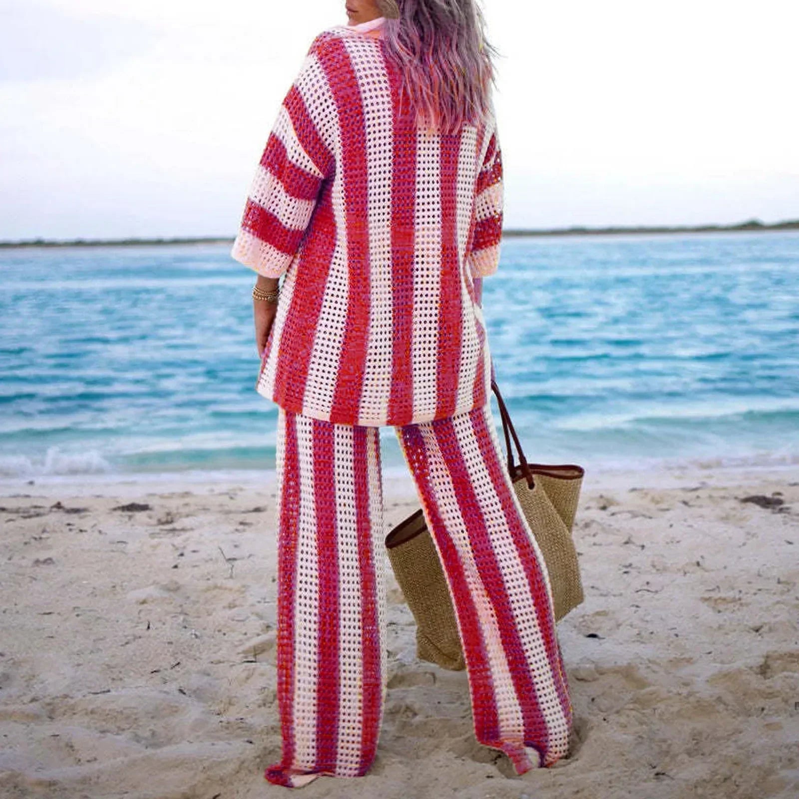 Crochet Knit Set | Open Front Cardigan & Wide-Leg Pants | Relaxed Fit