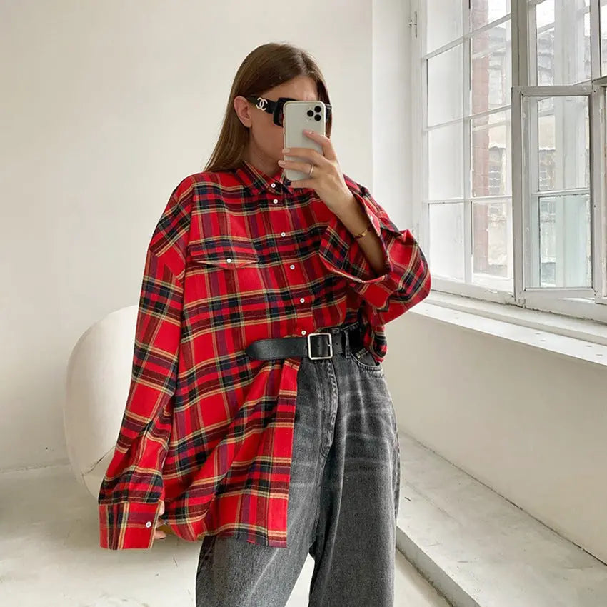 Oversized Plaid Button-Up Shirt | Red | Casual | Trendy