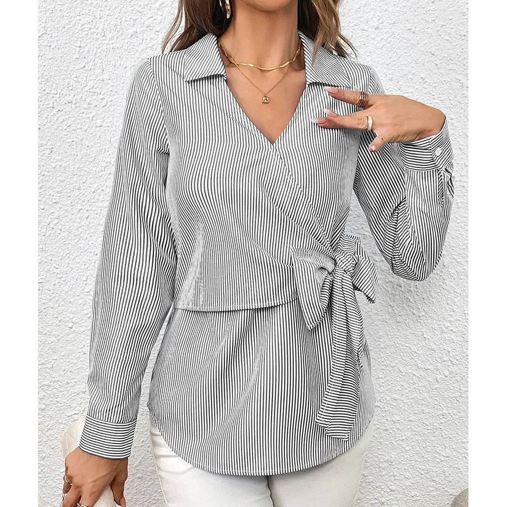 Pinstripe Wrap Blouse | Multicolor | Formal | Cotton Blend