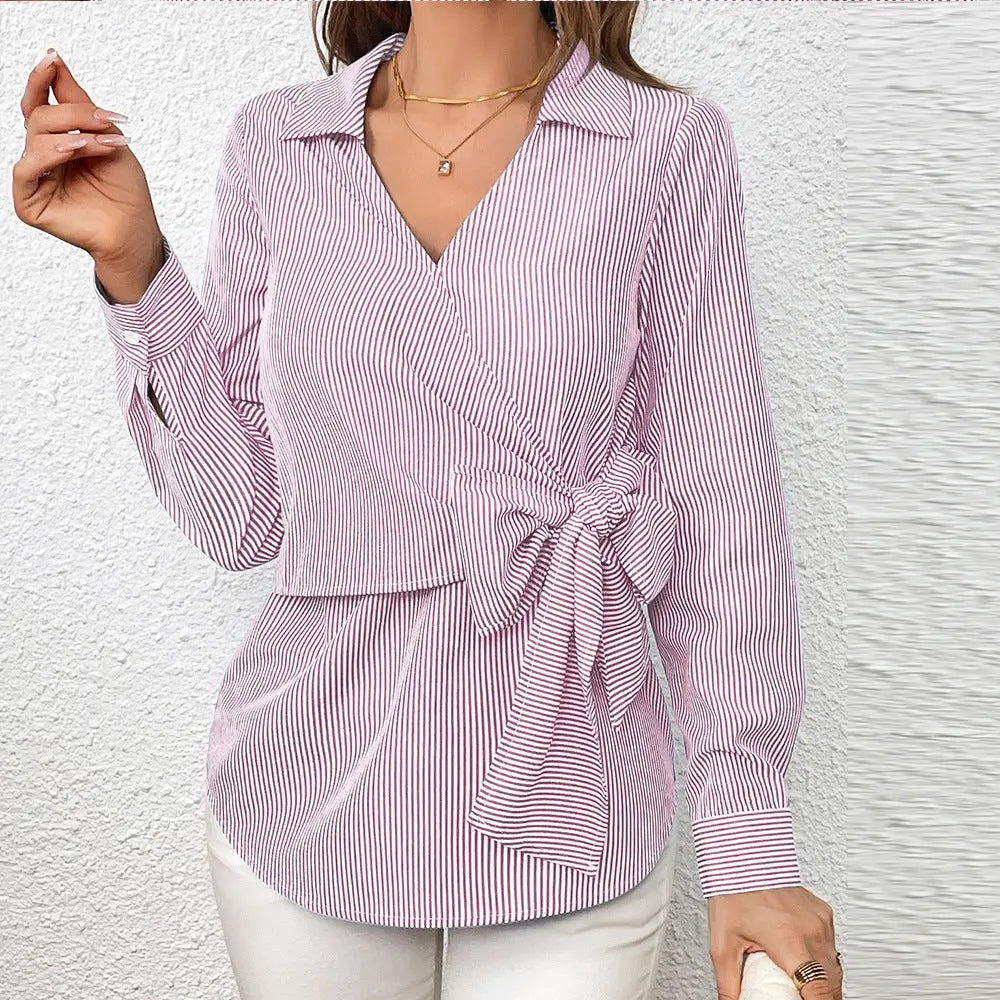 Pinstripe Wrap Blouse | Multicolor | Formal | Cotton Blend