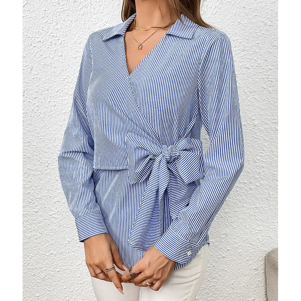 Pinstripe Wrap Blouse | Multicolor | Formal | Cotton Blend