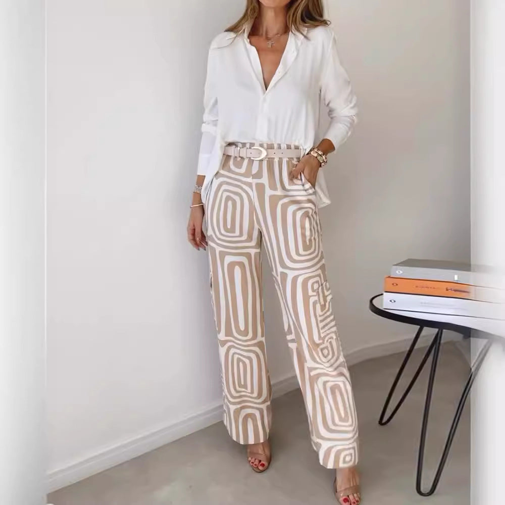 Isabella | Beige Geometric | Modern Chic | Wide-Leg Pants