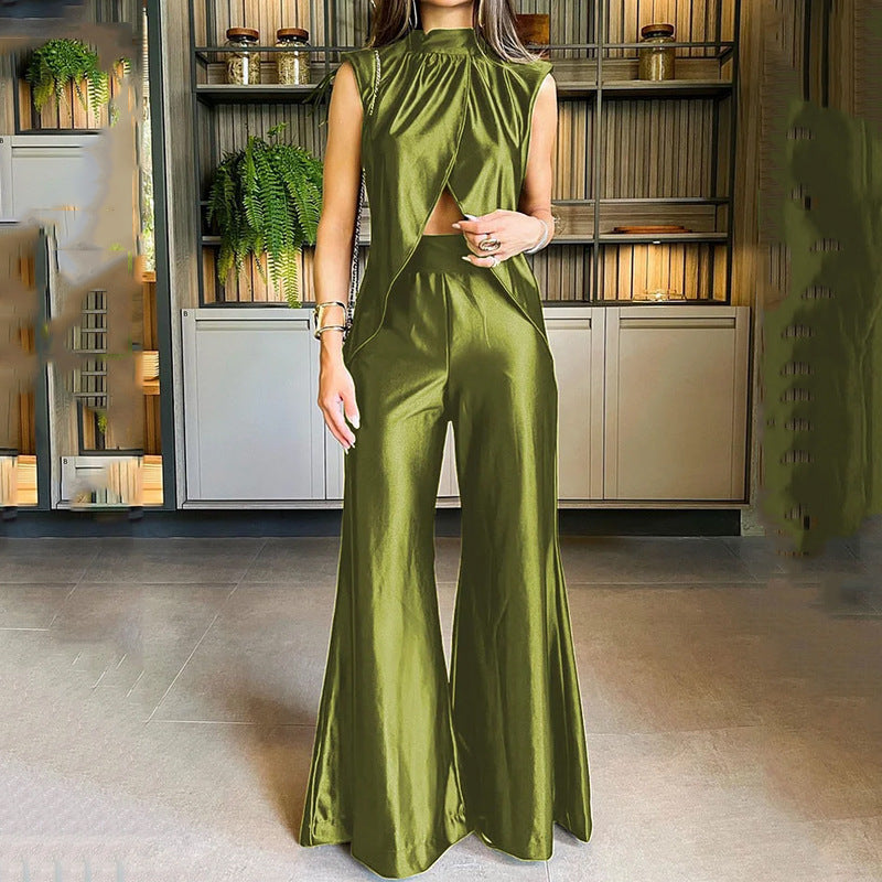 Sleek Cut-Out Top and Wide-Leg Pants Set | Multicolor | Contemporary Glamour | Satin