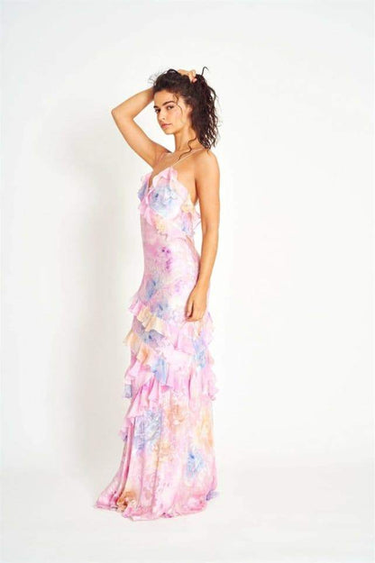 Virginia Floral Ruffle Maxi Slip Dress | Multicolor | Formal | Chiffon